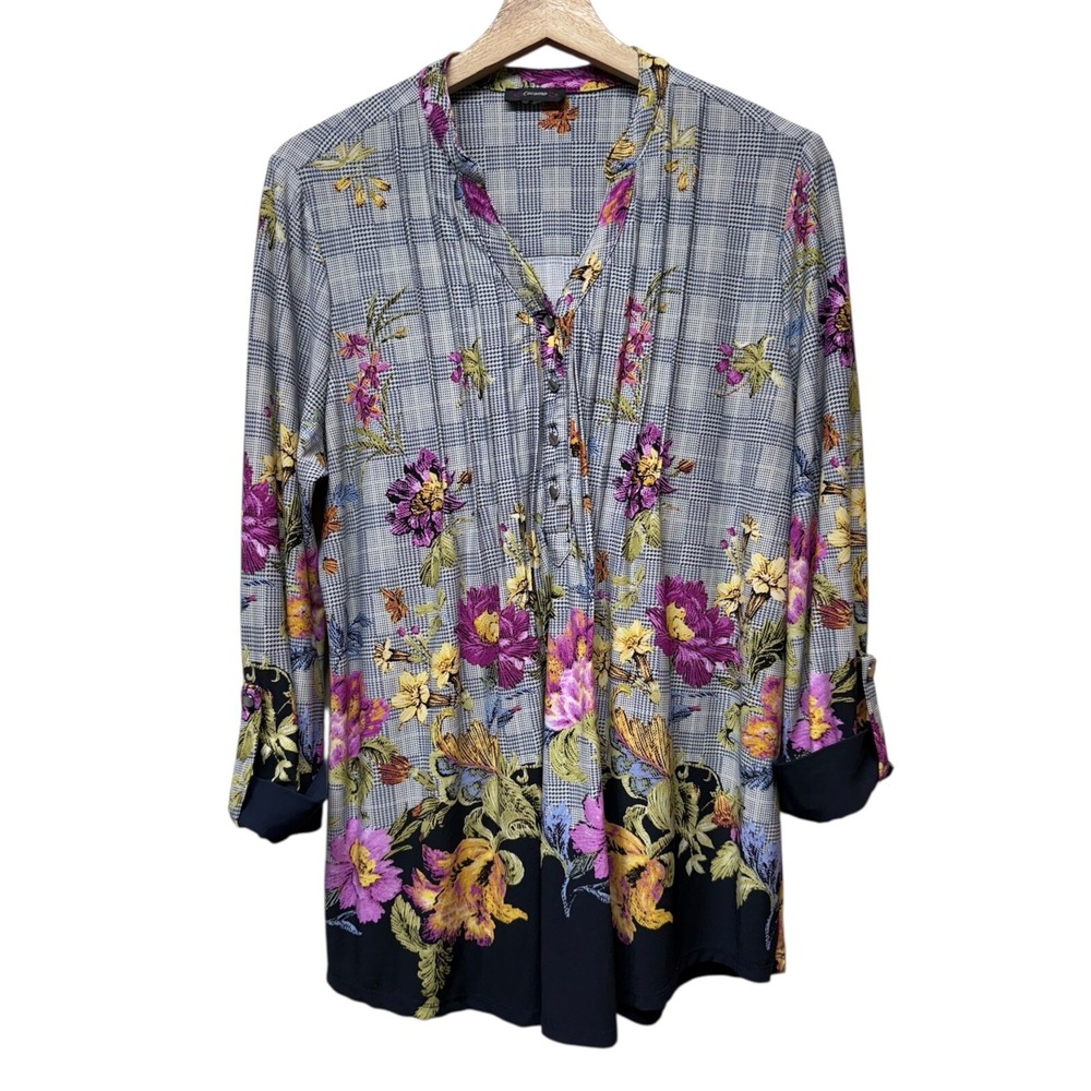 Cocomo Women‎ Top Sz L Popover Artsy Floral Stretch 3/4 Sleeve Pintuck Colorful